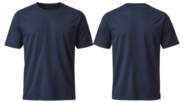 Plain Navy Blue T-Shirts Front and Back Views isolated on transparent Background