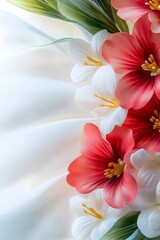 Coral and white artificial flowers arranged on a creamy textured background