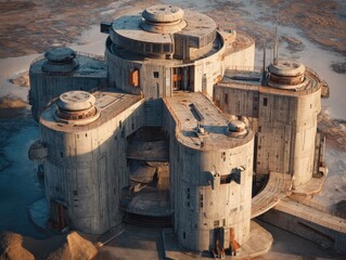 Futuristic complex featuring cylindrical structures, connected walkways, and a weathered, concrete facade in a desolate environment.