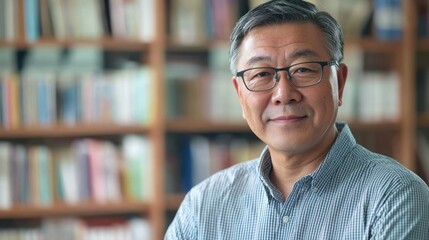 Senior Asian man, glasses, bookshelf background, Senior, Asian, Academic, Indoor realism