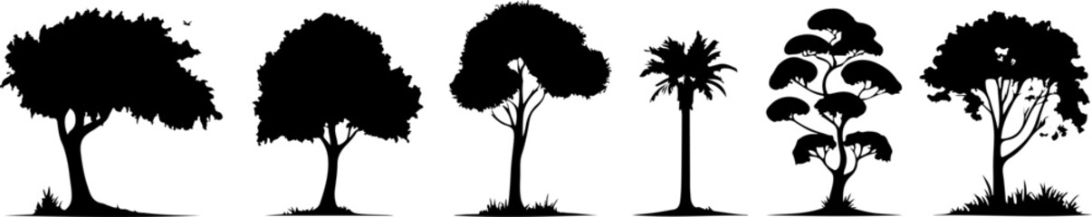 Silhouettes of Various Trees with Unique Shapes and Structures
