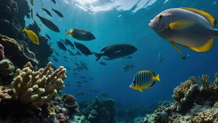 Fototapeta premium Underwater seascape with angelfish, surgeonfish, other colorful reef fish swimming near coral formations in turquoise ocean.