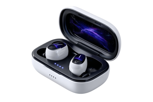 Transparent sound experience wireless earbuds showcase modern setting tech product sleek environment close-up viewpoint