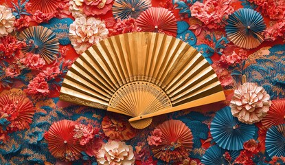 Gold fan amid colorful flowers and paper umbrellas