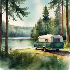 Camper van parked by a peaceful lake, surrounded by lush forest, exemplifying the tranquility of nature. Ideal setting for outdoor adventures and relaxation.