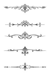 Collection of five elegant decorative borders in ornate design style. Symmetrical line art with intricate patterns, ideal for invitations, certificates, and digital design projects