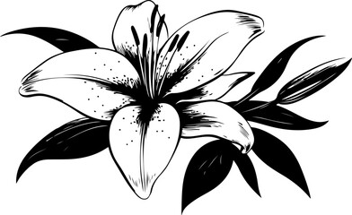 Black and White Illustration of a Lily Flower with Detailed Petals and Leaves
