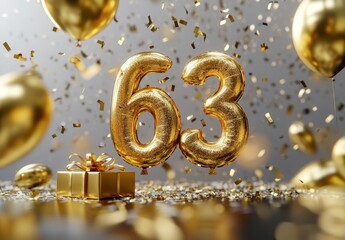 Golden Balloons with Number 63 and Gift Box for Celebration Theme