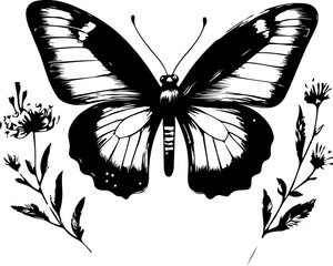 Black and White Illustration of a Butterfly with Detailed and Symmetrical Wing Patterns
