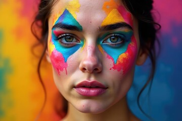 Symmetrical geometric shapes painted on a face , art, colorful