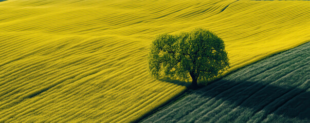 Abstract Aerial View of Yellow Rapeseed Fields in Spring Monochrome Contrast, Solitary Tree, and Vibrant Agricultural Landscape