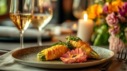 Stuffed zucchini flowers centered, side view, golden and crispy, on a rustic plate, candlelit Italian trattoria atmosphere