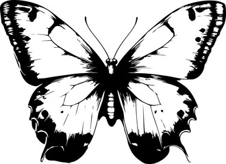 Black and White Illustration of a Butterfly with Detailed and Symmetrical Wing Patterns
