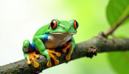 Naklejka premium Green tree frog perched on white, vibrant color , isolated frog, white