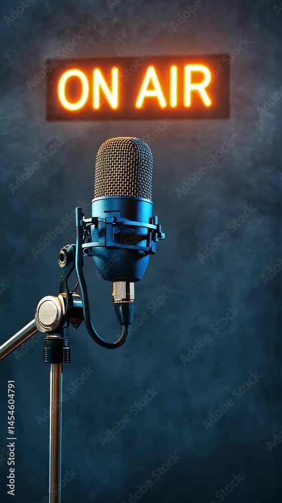 Poster Professional microphone capturing sound in a radio studio, illuminated by the warm glow of an on air sign, creating a captivating atmosphere for audio recording and broadcasting
