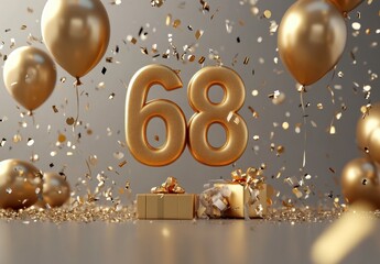 Golden Number 68 Surrounded by Balloons and Gifts for Celebration