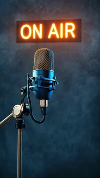 Professional microphone capturing sound in a radio studio, illuminated by the warm glow of an on air sign, creating a captivating atmosphere for audio recording and broadcasting