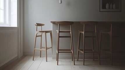 Simple, light wood bar stools against a pale wall.