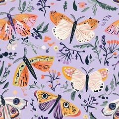 Obraz premium A vibrant pattern featuring butterflies and floral elements in a playful and colorful style on a soft violet background