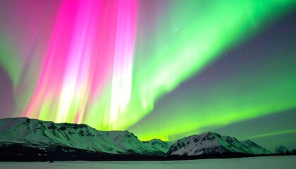 Vibrant Aurora Borealis Display Over Snowy Mountains
