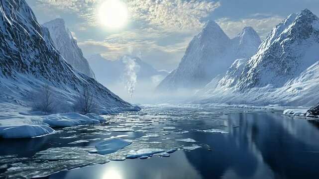 Frozen fjord, snow-capped peaks, serene winter landscape