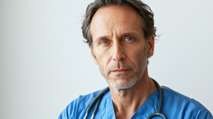 Serious portrait of a middle-aged male doctor, white background, stethoscope visible, professional tone