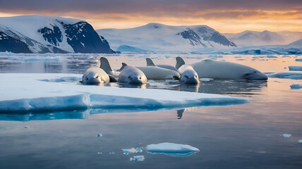 beluga whales cinematic scene of a pod of beluga whales navigating the icy Arctic waters at sunrise