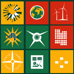 Vector symbols and icons reflecting the goals of sustainable development: ecology, social equality, economy, clean energy and care for the planet. Suitable for infographics and presentations.