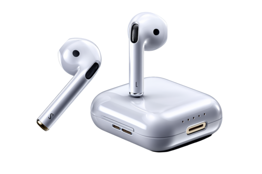 Transparent wireless earbuds music experience home office product showcase modern environment close-up view sound quality innovation - Powered by Adobe