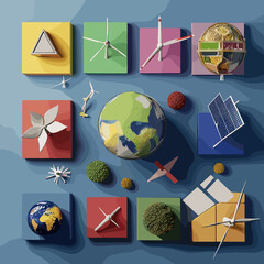 Vector symbols and icons reflecting the goals of sustainable development: ecology, social equality, economy, clean energy and care for the planet. Suitable for infographics and presentations.