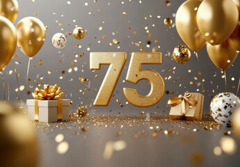 Golden Celebration 75th Birthday with Balloons and Confetti