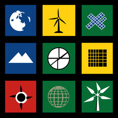 Vector symbols and icons reflecting the goals of sustainable development: ecology, social equality, economy, clean energy and care for the planet. Suitable for infographics and presentations.
