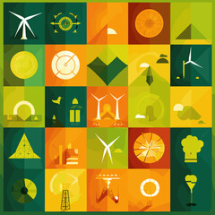 Vector symbols and icons reflecting the goals of sustainable development: ecology, social equality, economy, clean energy and care for the planet. Suitable for infographics and presentations.