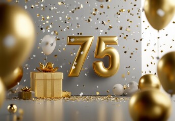Golden 75th Anniversary Celebration with Balloons and Confetti