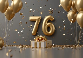 Festive Gold Celebration with Balloons and Decorative Gift Box