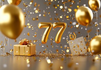 Golden Celebration Theme with Balloons, Confetti, and Gifts
