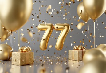 Golden Celebration Theme with Balloons, Gifts, and Confetti