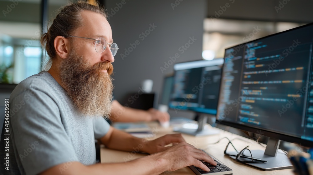 Leinwandbilder A programmer is deeply engaged in software development in a contemporary workspace. Multiple screens display lines of code, showcasing dynamic programming tasks