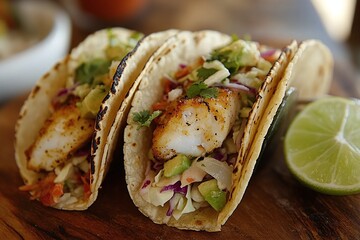 Delicious Fish Tacos with Fresh Vegetables and Lime on a Rustic Wooden Platter