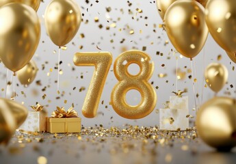 Sparkling Golden Number 78 Surrounded by Balloons and Confetti