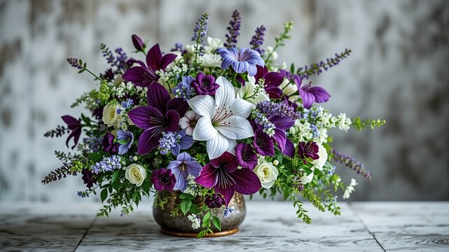 Purple and White Flowers on Industrial Pipe Stand, Botanical Still Life