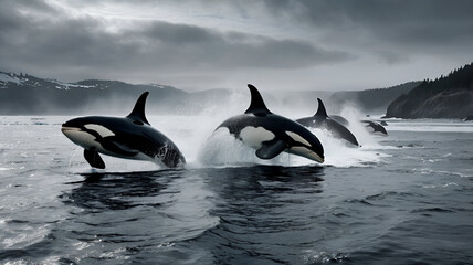 Fototapeta premium orca whales jumping out of water