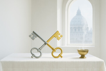 Altar with papal keys crossed and incense smoke rising. Vatican dome glows in the background, symbolizing the mystical air of transition.