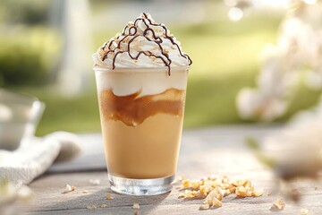 Delicious Creamy Iced Coffee Beverage Topped with Whipped Cream and Chocolate Drizzle