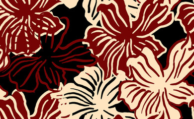 Seamless flower pattern. Abstract pattern. Textile print pattern. Black background. Red beige flower.