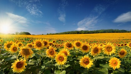 Naklejka premium field of yellow sunflowers against the blue sky