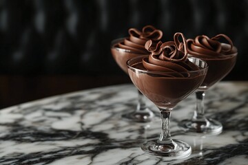 Decadent Chocolate Dessert Cups with Swirled Frosting on Marble Table