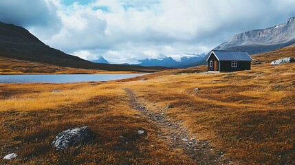 Obraz premium A serene mountain cabin nestled by a tranquil lake.