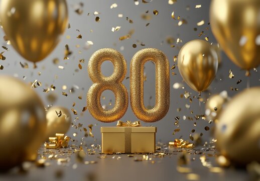 Golden 80th Birthday Celebration with Balloons and Confetti