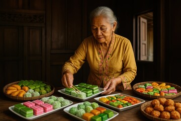  Elderly Woman Arranging Traditional Kuih in Wooden Heritage Home